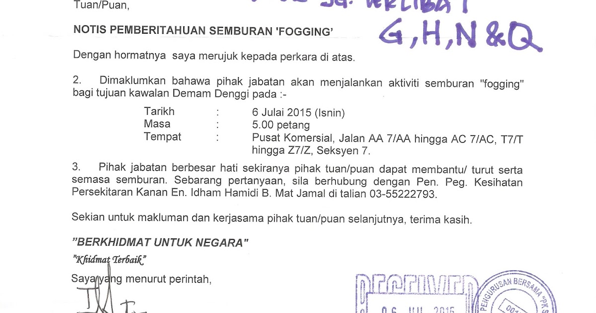 Surat Rasmi Permohonan Fogging - Selangor v
