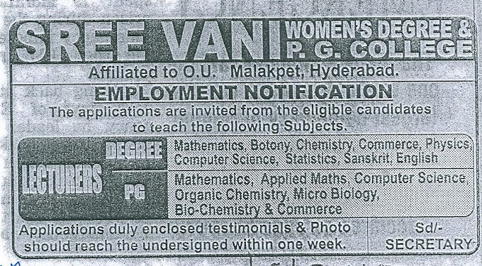 VANI PG College Hyderabad Biochemistry/Microbiology Faculty Jobs 2015