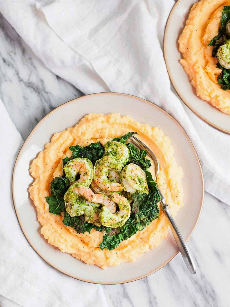 Spicy Shrimp and Kale with Creamy Rutabaga | acalculatedwhisk.com