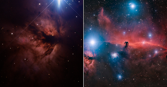 NGC 2024 -The Flame Nebula imaged by students from Barnstable High School, MA using remote telescope, ATEO-3 located in Chile (left) and Barnard 33 - The Horsehead Nebula processed by Insight Observatory Starbase subscriber, Daniel Nobre.