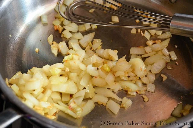 Chicken Enchilada Pasta Skillet saute onion from Serena Bakes Simply From Scratch.