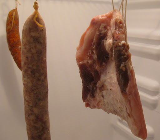 Guanciale, and some sausages aging