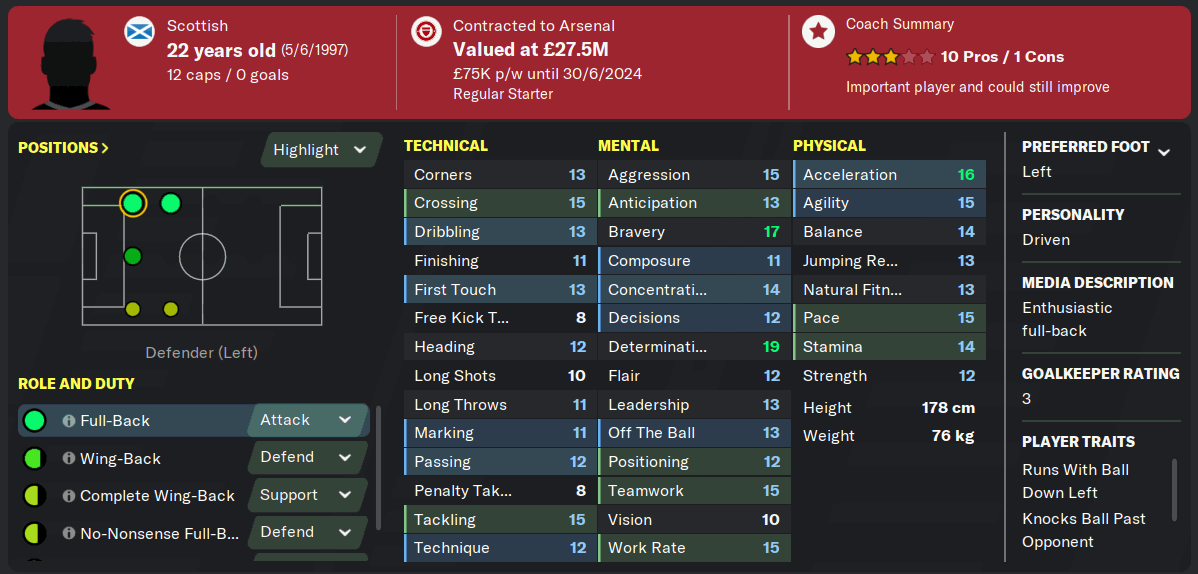 FM20 Arsenal Kieran Tierney