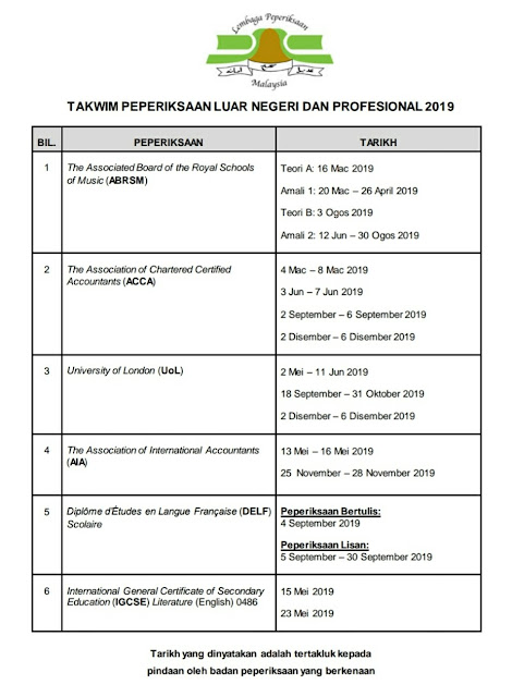 Takwim Peperiksaan Luar Negeri dan Profesional 2019