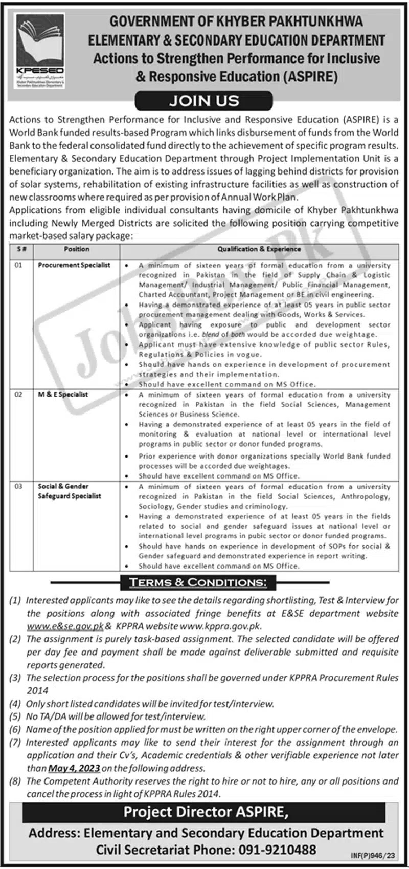 Elementary & Secondary Education Department ESED KPK Jobs Advertisement 2023