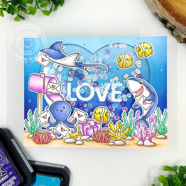 Sunny Studio Stamps: Fintastic Friends Ocean Themed Card by Marieke Slaats (featuring Snail Mail, Tropical Scenes)