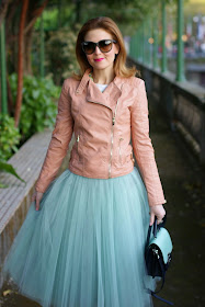midi tulle skirt, mint tulle skirt, pink faux leather biker jacket, Fashion and Cookies, fashion blogger