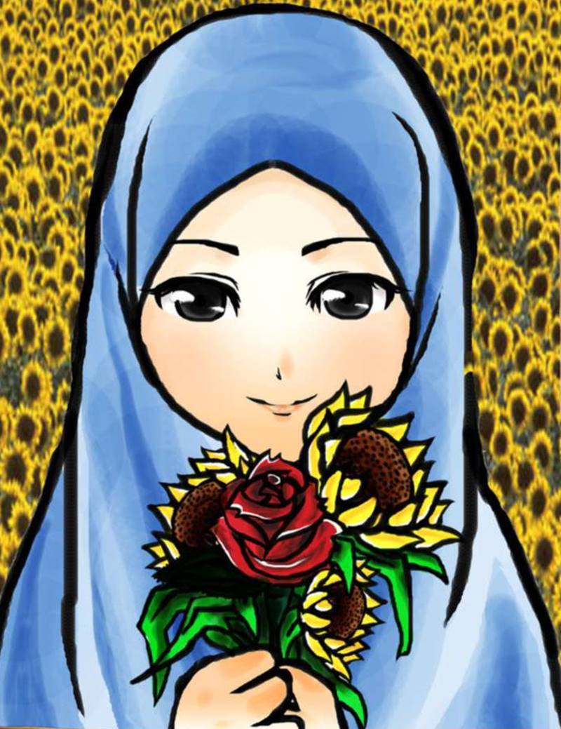 14 Kartun Muslimah Imut Membawa Bunga