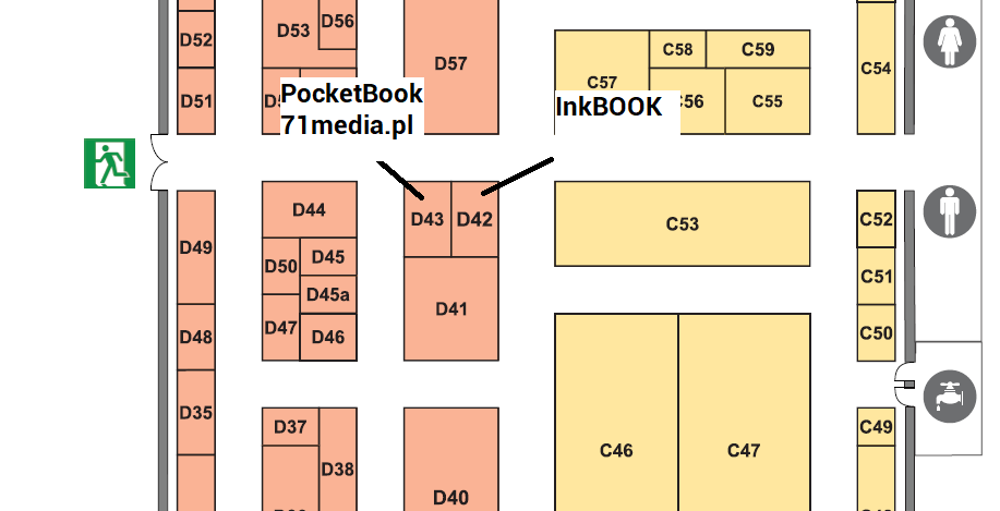 Położenie stoisk PocketBook i InkBOOK w Hali Wisła na Targach Ksiązki w Krakowie 2019 r.