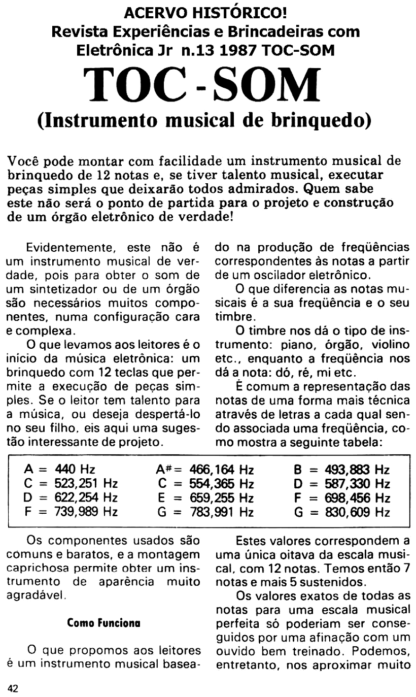 Experiências e Brincadeiras com Eletrônica Jr  n.13 1987 - TOC-SOM  SÍNTESE SONORA & ELETRÔNICA ARTESANAL