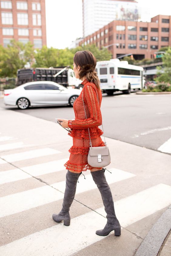 Hello Fashion, Self Portrait Lace Dress, Celine Bag, Stuart Weitzman Grey Suede Over the Knee Boots