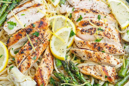 Creamy Lemon Grilled Chicken, Asparagus and Artichoke Pasta