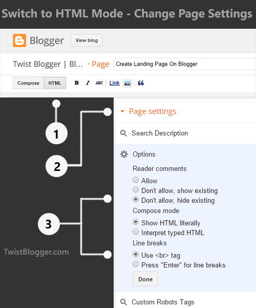 Change Page Settings On Blogger and Switch to HTML Mode