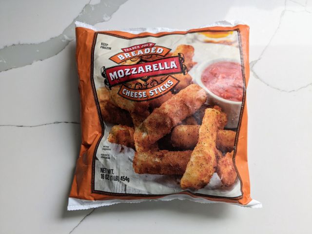 Trader Joe's Breaded Mozzarella Cheese Sticks packaging.