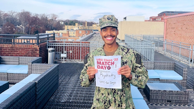 Navy Lt. Knox on Match Day, where he was matched to a psychiatry residency in San Diego, CA. (Photo credit: Navy Lt. Derrick Knox)