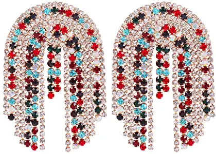 Solememo Glamours Colorful Simulated Diamond Long Fringe Tassel Crystal Stud Waterfall Statement Drop Earring for Women