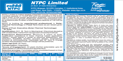 Executive - Solar Thermal Electrical and Mechanical Engineering Jobs in NTPC