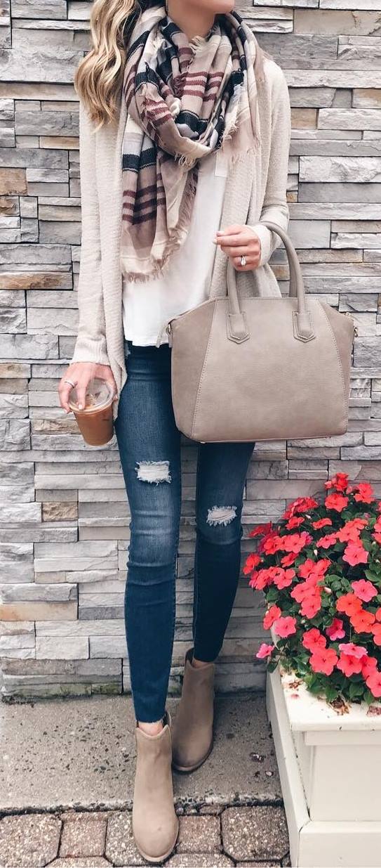 what to wear with a scarf : cardigan + bag + top + rips + boots