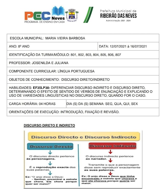 Atividade de Língua Portuguesa 8 ano - 26/07 à 30/07 - Professora Josenilda