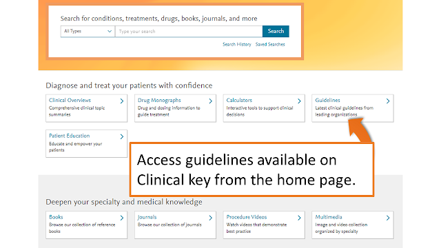 clinical key home page showing the guidelines box to click