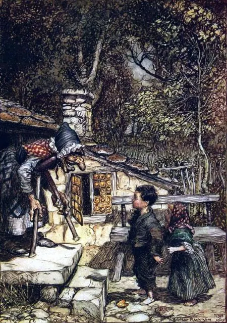 Hansel e Gretel, ilustrado por Arthur Rackham, foi um "conto de advertência" para crianças.