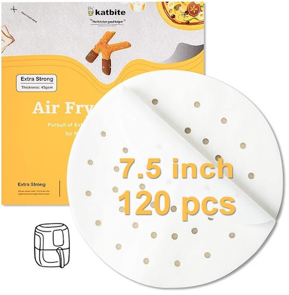 Image: Katbite 120 Pcs 7.5 Inch Non-Stick Air Fryer Liners Round Perforated Parchment Paper