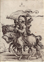 Trompetista turco e 2 oboístas a cavalo. Por Daniel Hopfer (ca 1470-1536)