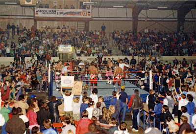 WWF Tag Team champions The Hart Foundation with Jimmy Hart and Danny Davis prepare to wrestle British Bulldogs and Matilda in Newmarket, Ontario in March, 1987.