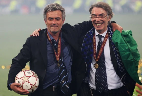José Mourinho celebrates Inter Milan's Champions League win with president Massimo Moratti in 2010
