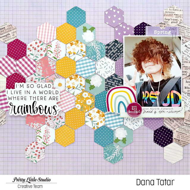 Teen Pride Scrapbook Layout with Rainbow Hexagon Patchwork Background and Die-Cuts