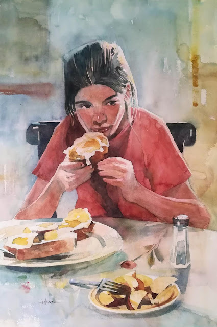 Francesco Fontana American Breakfast (with Flora)   2018, studio watercolor on paper, 11 x 16 inches,