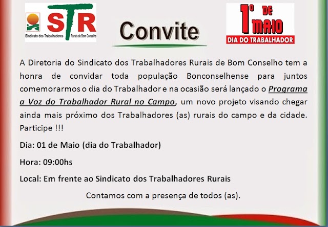 STR DE BOM CONSELHO DEFINE PROGRAMAÇÃO PARA A FESTA DO TRABALHADOR NO DIA 1º DE MAIO