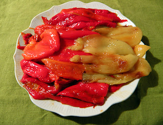 Plate of Red, Orange, and Yellow Roasted Peppers