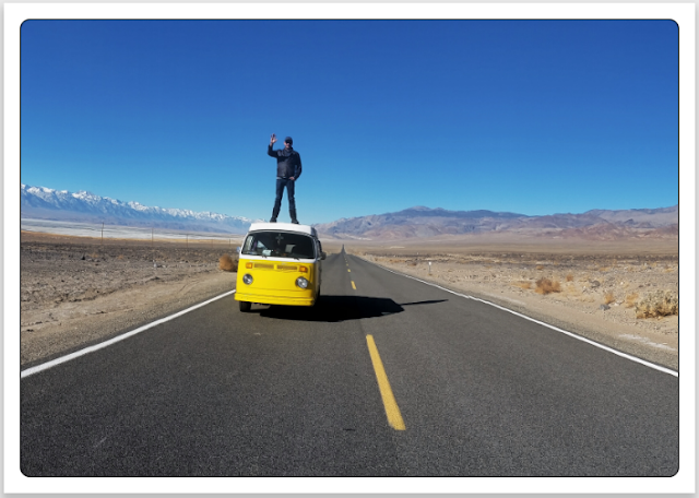 Volkswagen Type 2 Westfalia bus on the road to Death Valley, California, USA