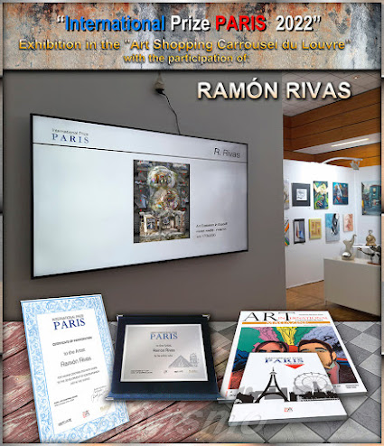 Exhibición Digital de la obra "Art Station in Expo-III" de Ramón Rivas en el   "Art Shopping Carrousel du Louvre", junto al material entregado en dicho premio.
