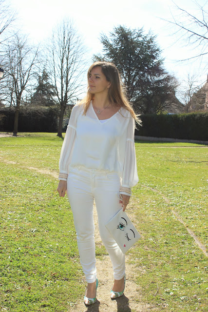 Total look blanc, blouse zara les petites bulles de ma vie