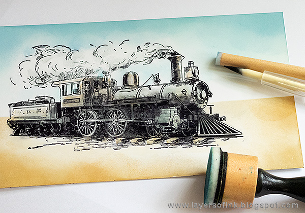 Layers of ink - Scenic Train Card Tutorial by Anna-Karin Evaldsson with Tim Holtz stamps