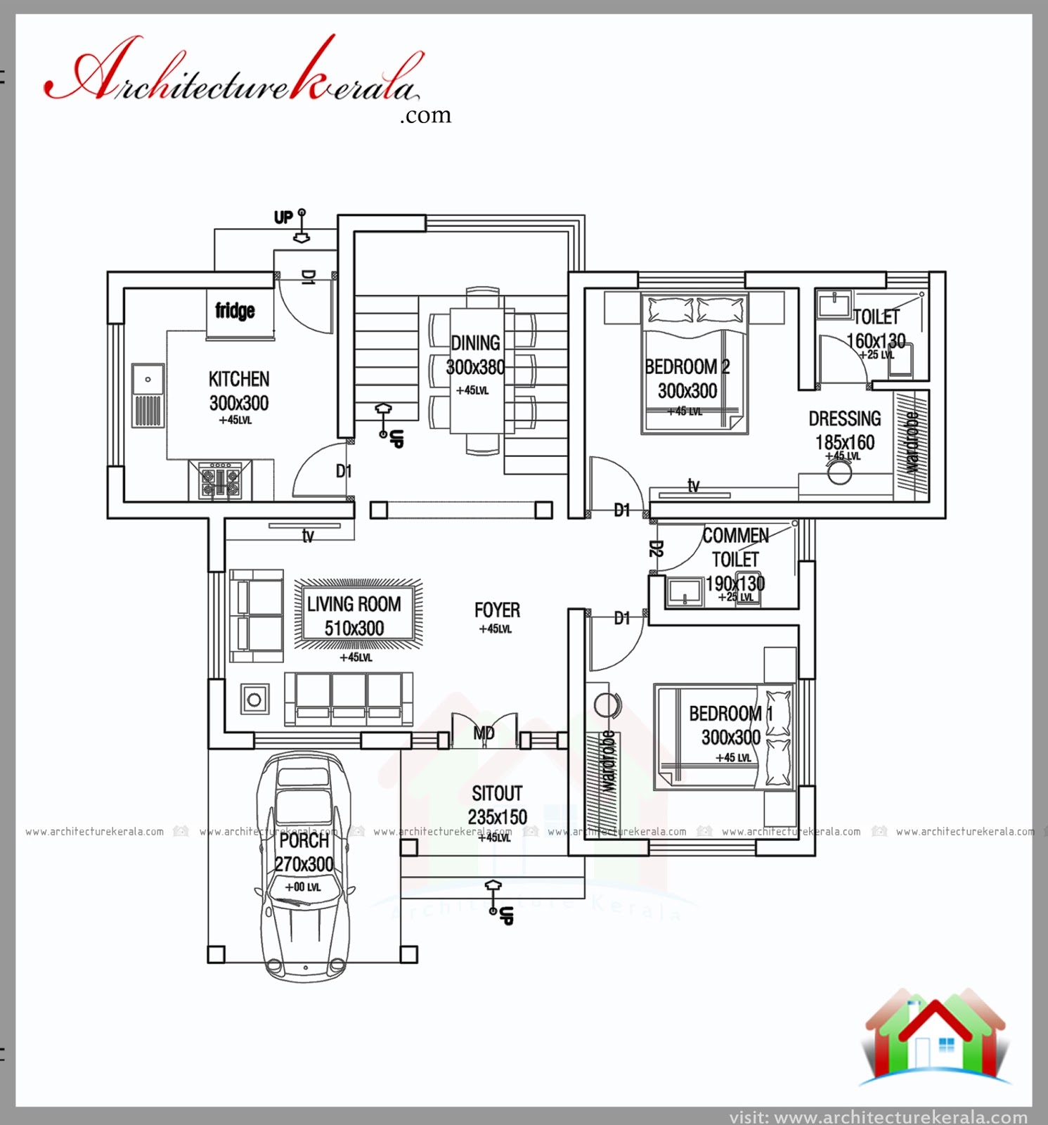  1000  SQUARE  FEET  2  BED HOUSE  PLAN  AND ELEVATION 