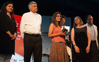 Surina Narula, MBE & Co-founder of the DSC Prize, Ranil Wickremesinghe, Prime Minister of Democratic Socialist Republic of Sri Lanka, Anuradha Roy, Winner of the DSC Prize for South Asian Literature 2016, Karen Allman, Jury Member, and Syed Manzoorul Islam.