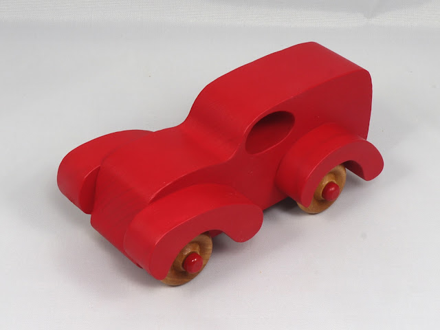 Handmade Wood Toy Truck Fat Fendered Freaky Ford Panel Wagon Hand Painted With Bright Red Acrylic Paint and Amber Shellac