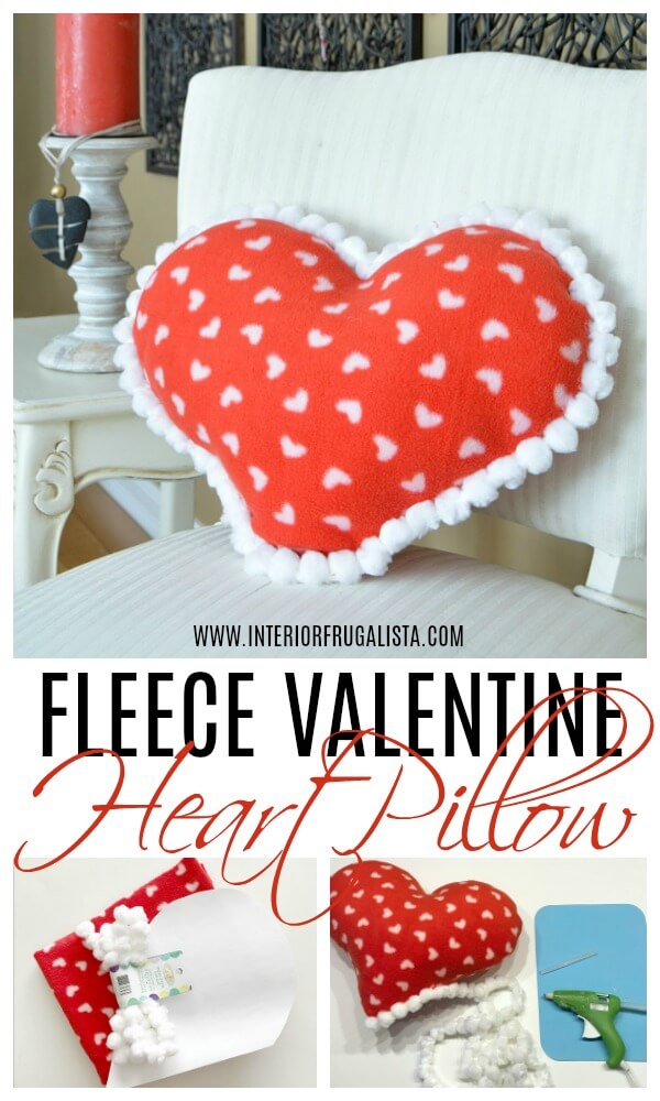 An easy handmade Valentine's Day Pillow idea. If you can sew a straight line then you can make this adorable fleece heart pillow with pompom trim in around 15 minutes. Sewing machine optional! #heartpillow #diypillow #bemyvalentine #valentinepillow