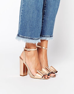 Asos metallic block heel ankle strap shoes with bow