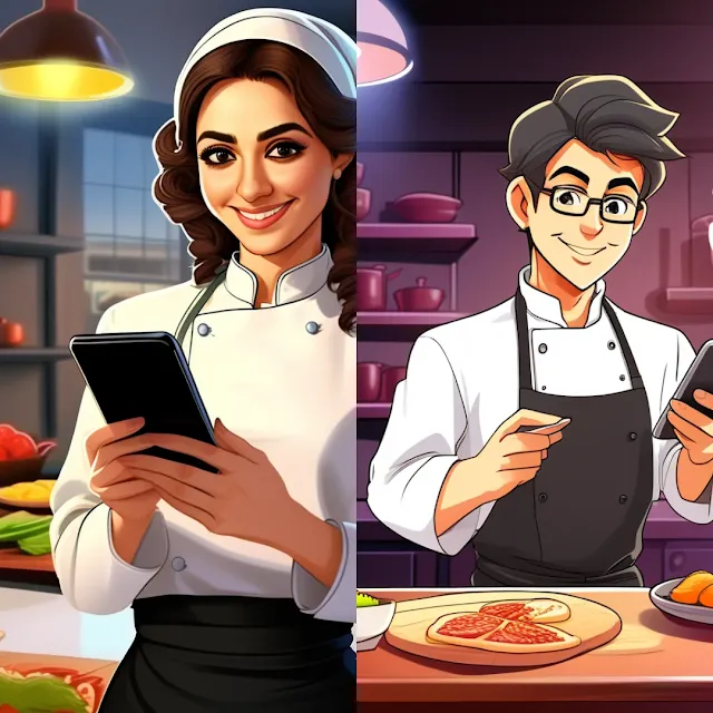 Dos chef, una mujer y un hombre, con un smartphone en la mano, en la cocina