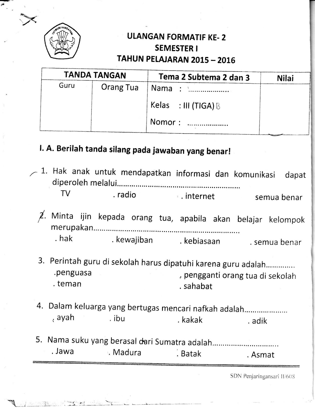 Formatif 2 Tema2 SubTema 2 dan 3 SD Kelas 3 Semester Ganjil TA 2015 2016 Kurikulum 2013