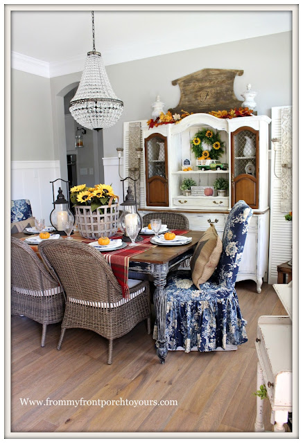 French Farmhouse Style Fall Dining Room-Carriage House Lanterns-Pottery Barn Chandlier-Basket of Sunflowers-From My Front Porch To Yours