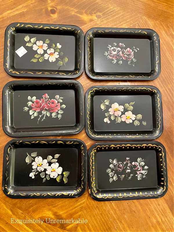 Six Black and Floral Mini Toleware Trays