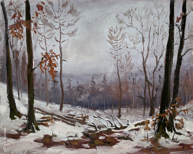 Schnee im Taunus gemalt, Ölbild, Pleinairmalerei