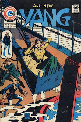 Yang #6, Charlton Comics, Yang looks on like a berk as a woman sits in a scoop and a man sneaks up on him, ready to hit him from behind