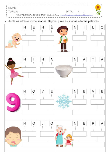 Junte as letras e forme sílabas, junte as sílabas e forme palavras NA, NE, NI, NO, NU jpg
