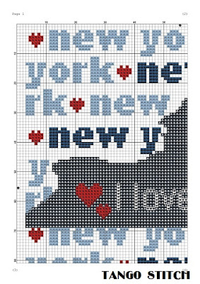 New York state map silhouette typography cross stitch pattern - Tango Stitch